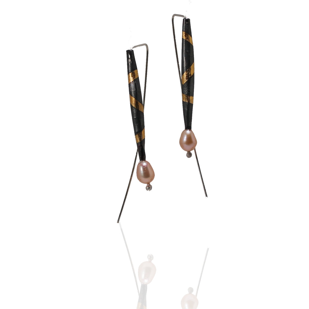 Inconnu Dangles - Blackened, textured, fine silver pods with gold detail on long ear wire with peach pearl drops