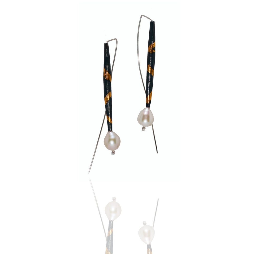 Inconnu Dangles - Blackened, textured, fine silver pods with gold detail on long ear wire with white pearl drops