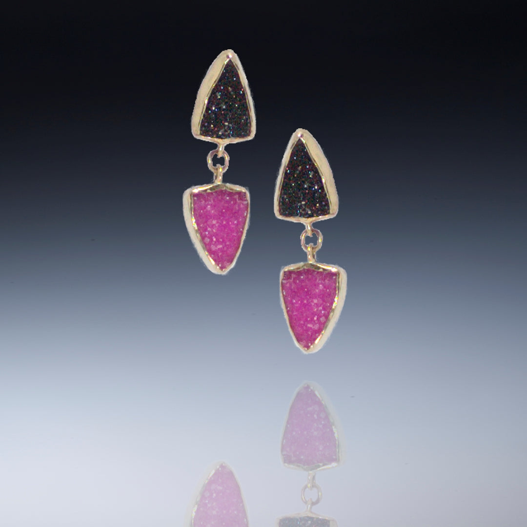 Cobalto Calcite (pink) & Black Quartz Drusy in 18k,SS Earrings