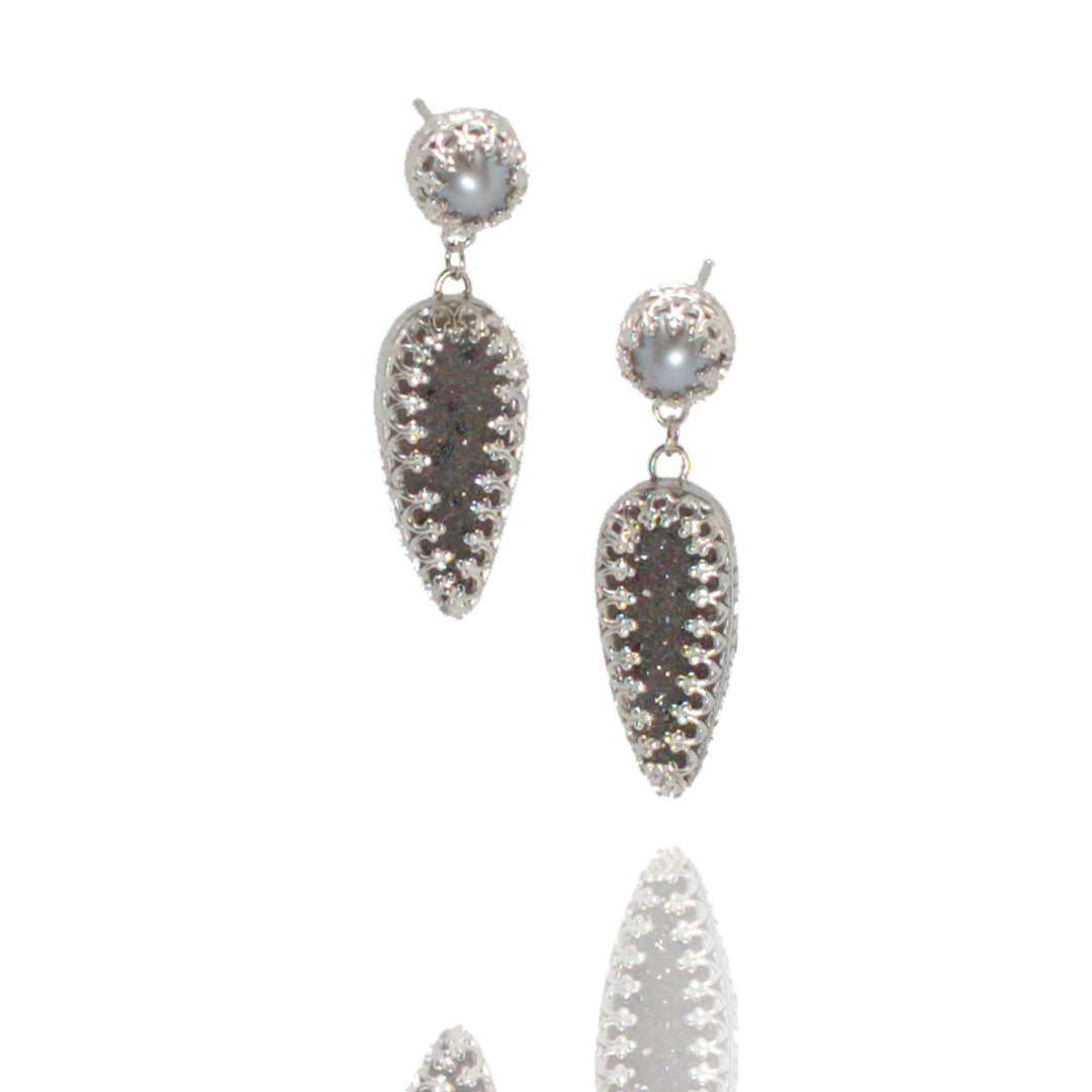 Medium grey/speckled drusy inverted teardrop & grey pearl dangle earrings
