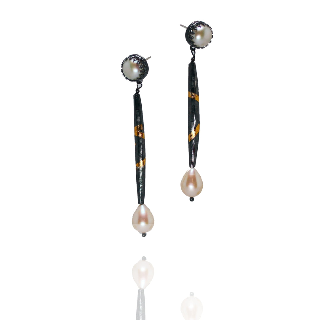 Inconnu Dangle Posts - Blackened, textured, fine silver pods with gold detail hang from pearl post with pearl drops