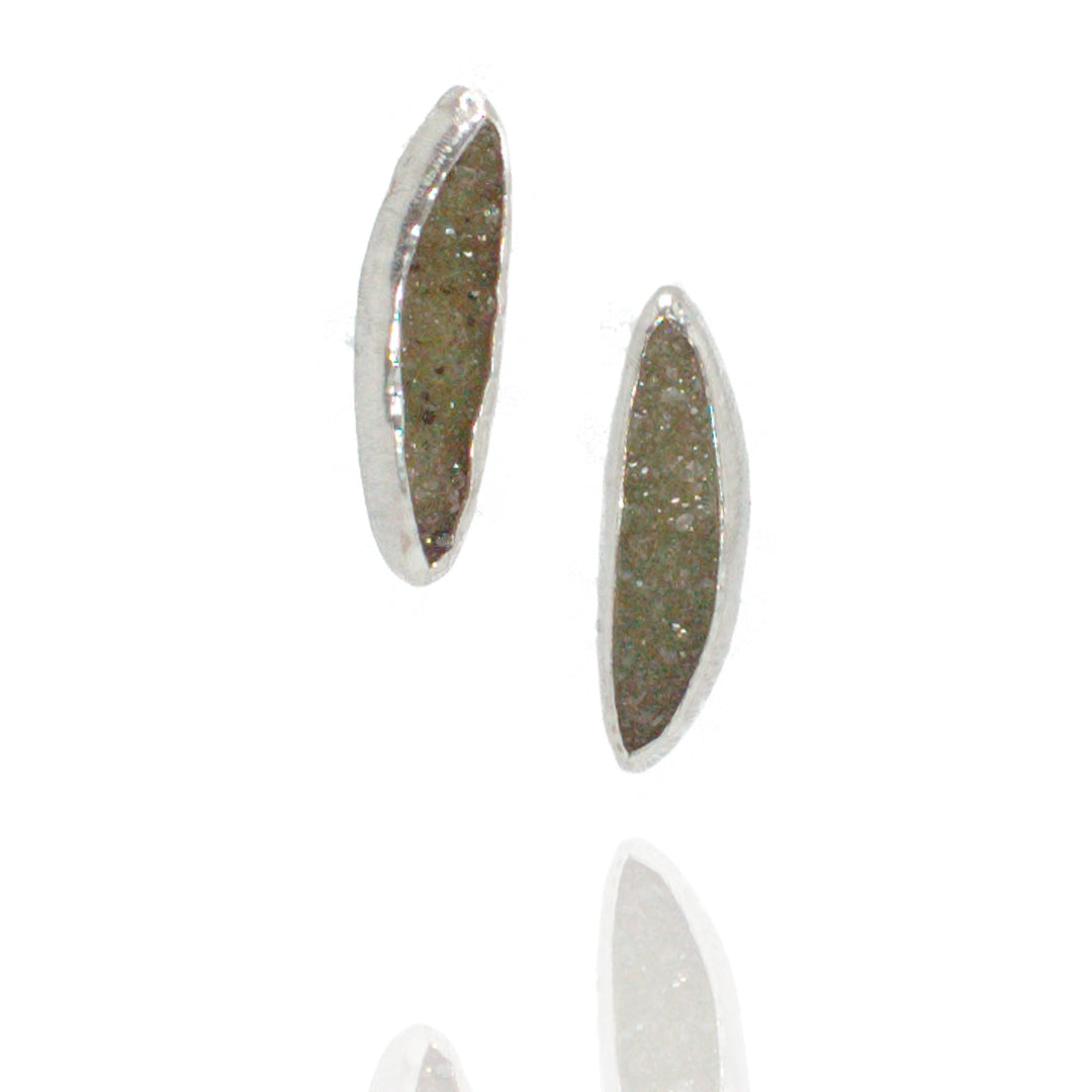 Sterling, Fine Silver Half Moon Olive Green Drusy Posts