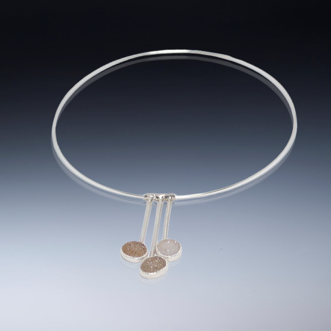 Pendulum Necklace- Three beige-grey ovals - Sterling, fine silver, drusy