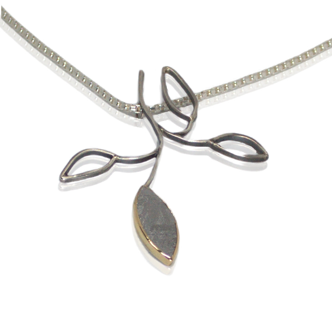 Sterling, 18kt gold, meteorite leaf pendant