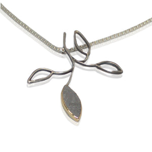Sterling, 18kt gold, meteorite leaf pendant