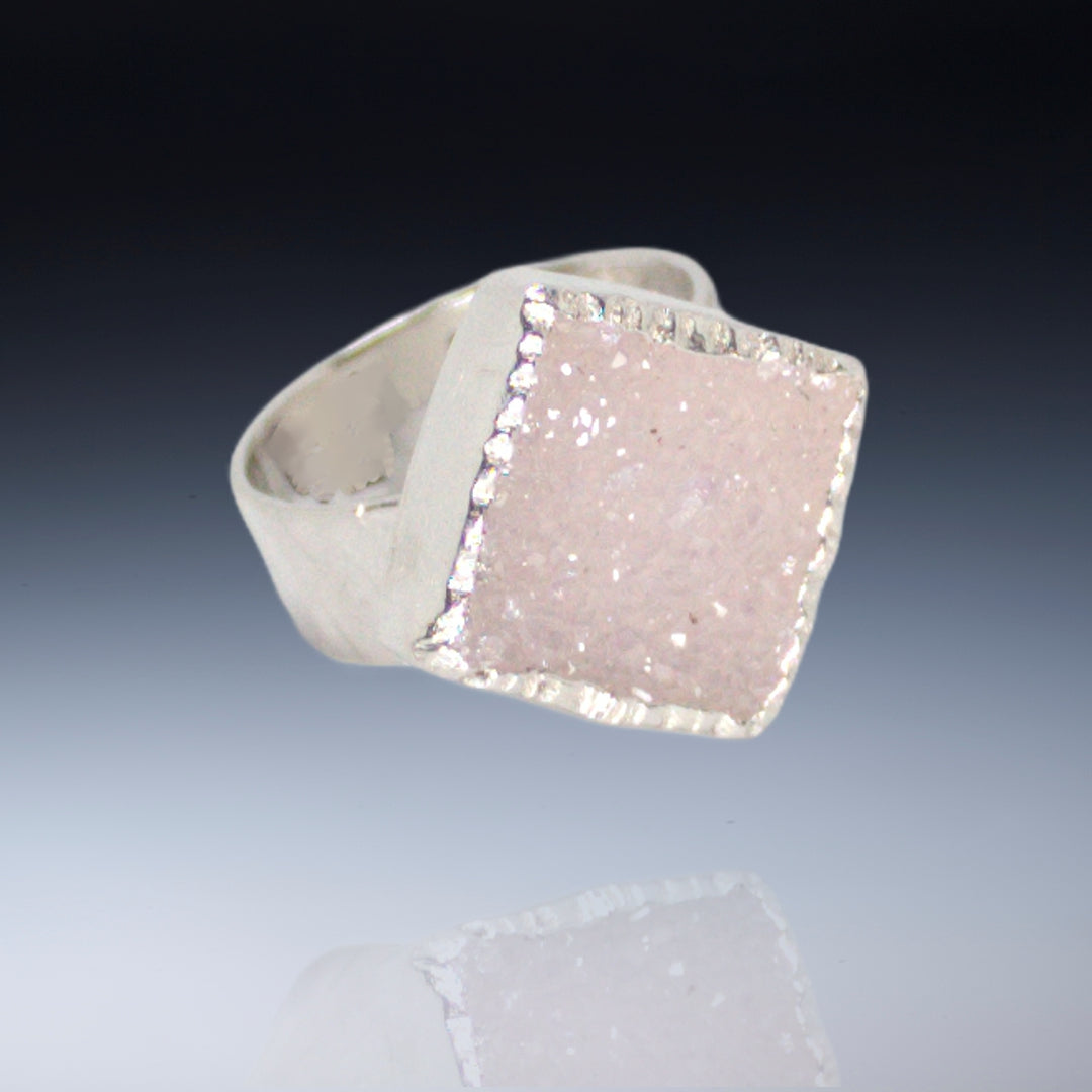 Small pink-beige square drusy on wide band sterling (Size 4.25)