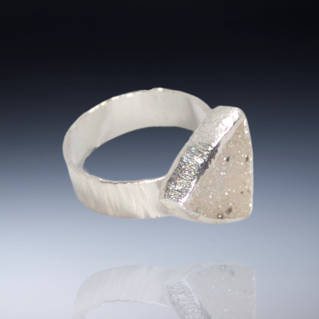 Small white triangular drusy on wide band sterling (Size 6.75)