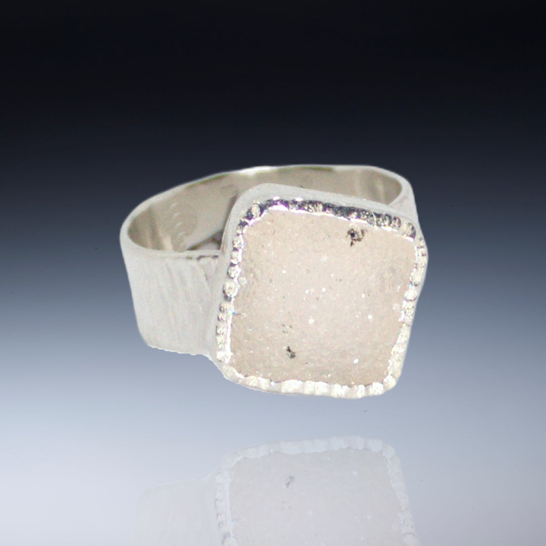 Small white square drusy on wide band sterling (Size 7.75)