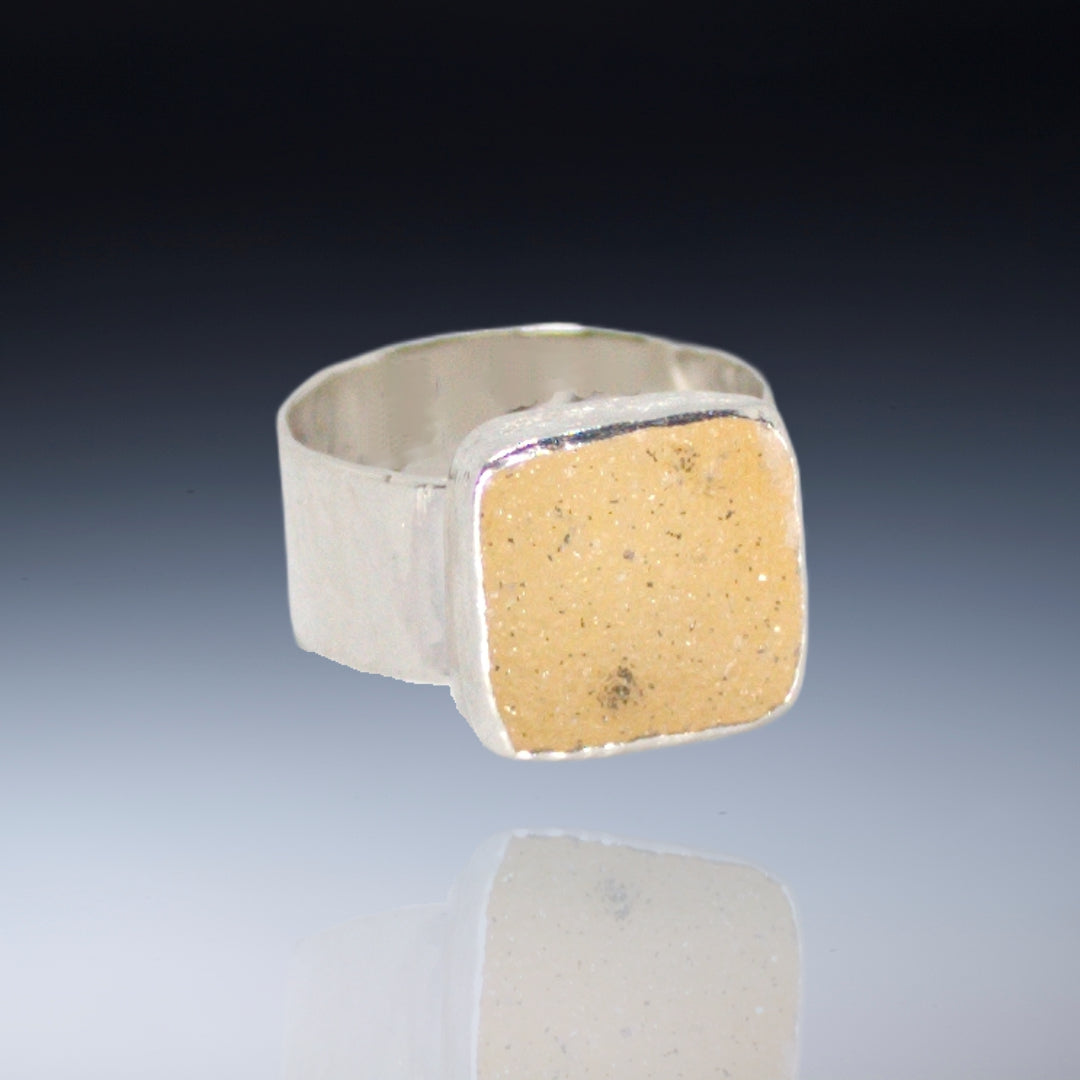 Small beige square drusy on wide band sterling (Size 7.25)