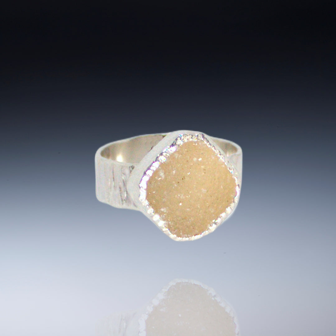 Small beige square drusy on wide band sterling (Size 5)