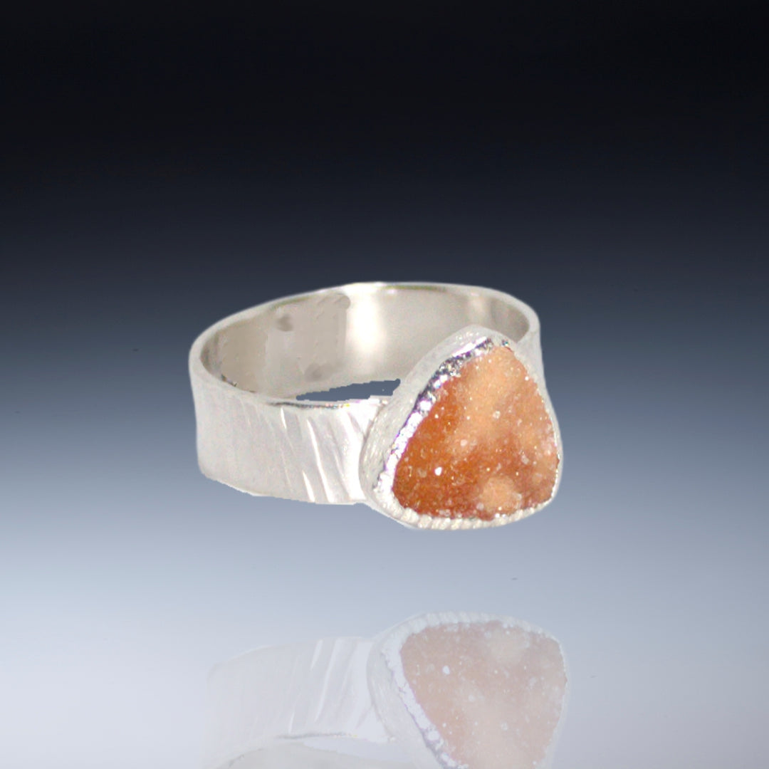 Small orange triangle drusy on wide band sterling (Size 7.25)
