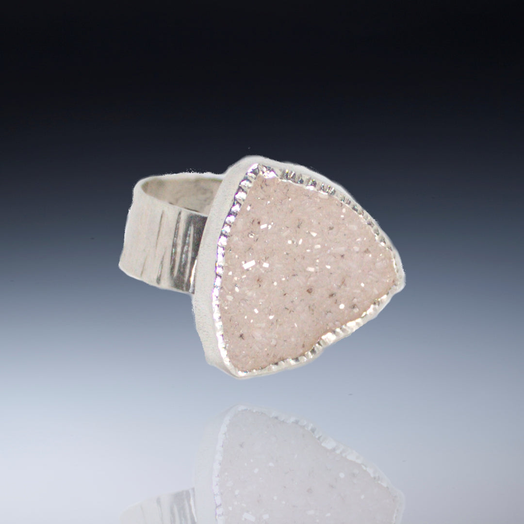 Large white triangle drusy on wide band sterling (Size 9.5)