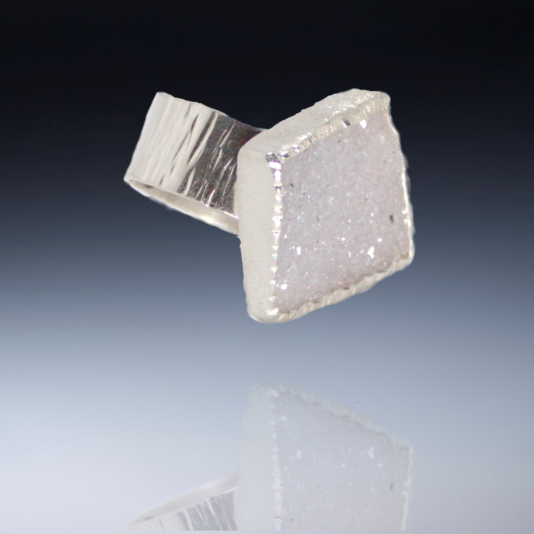 Large white square drusy on wide band sterling (Size 8.25)