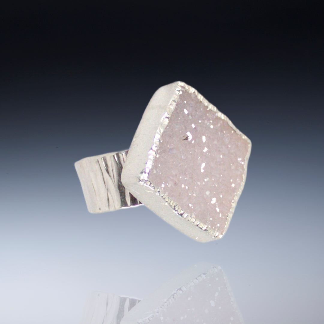 Large pale pink square drusy on wide band sterling (Size 7)