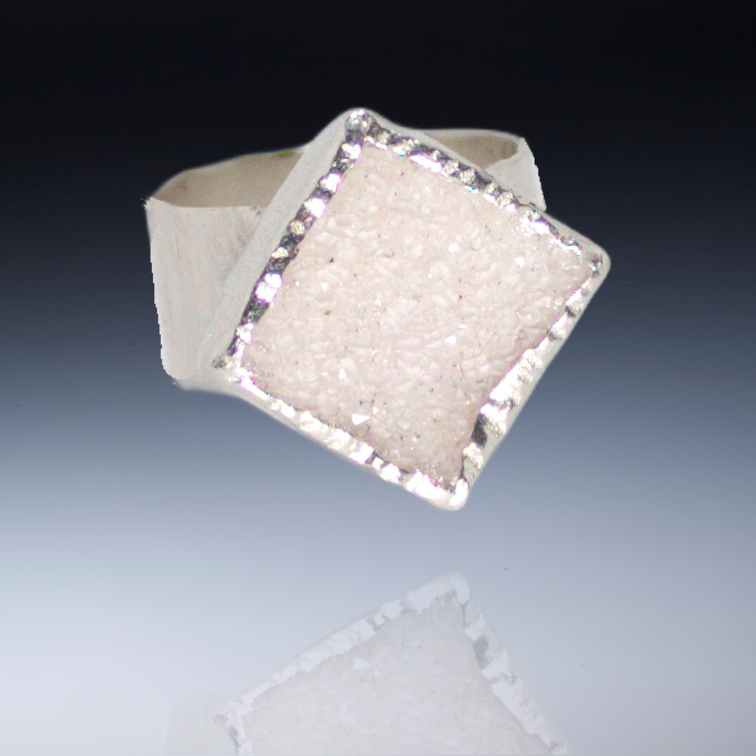 Small white square drusy on wide band sterling (Size 4)