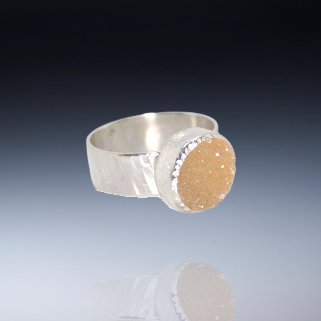 Small yellow,beige round drusy on wide band sterling (Size 6)