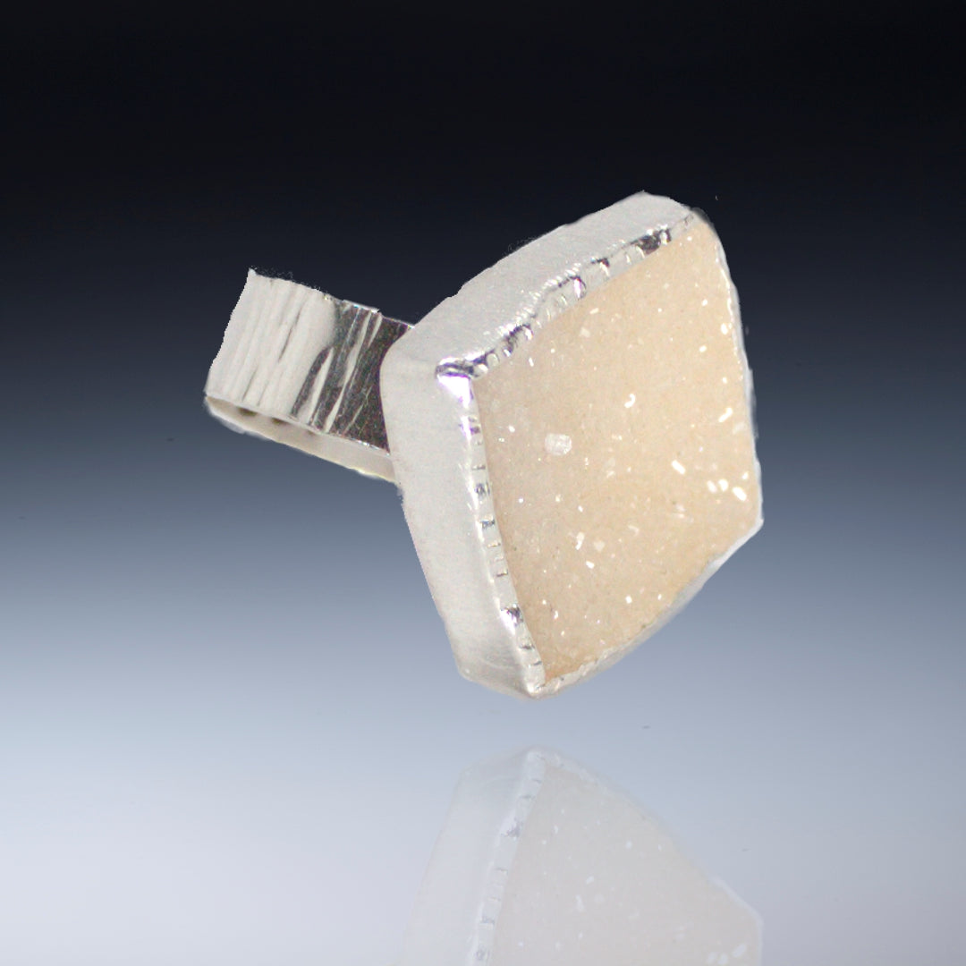 Beige-white Lg Square drusy on wide hammered band (Size 8.5)