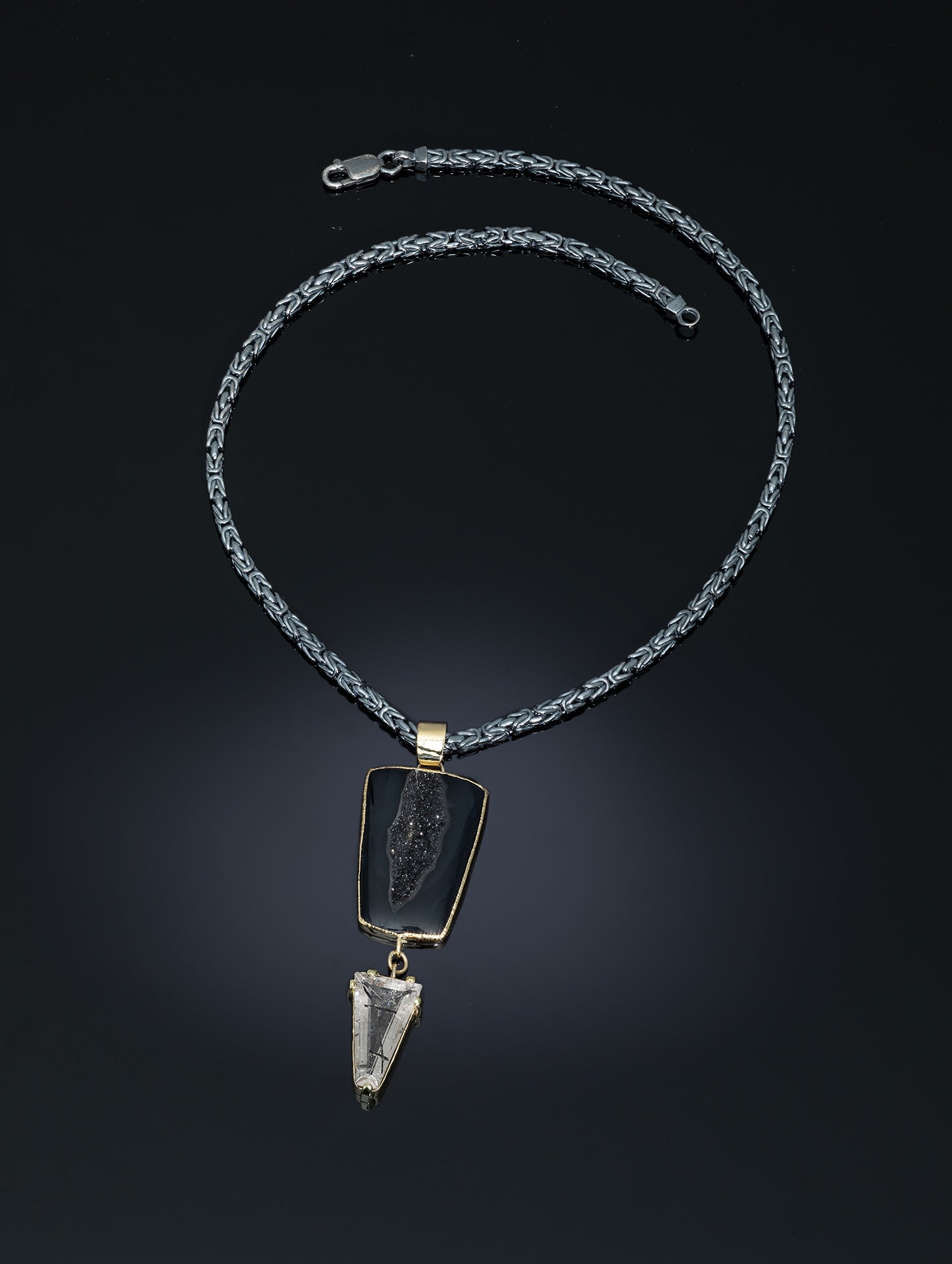 "Byzantium" - Black onyx drusy and triangular rutilated quartz in 18k g and sterling on sterling chain